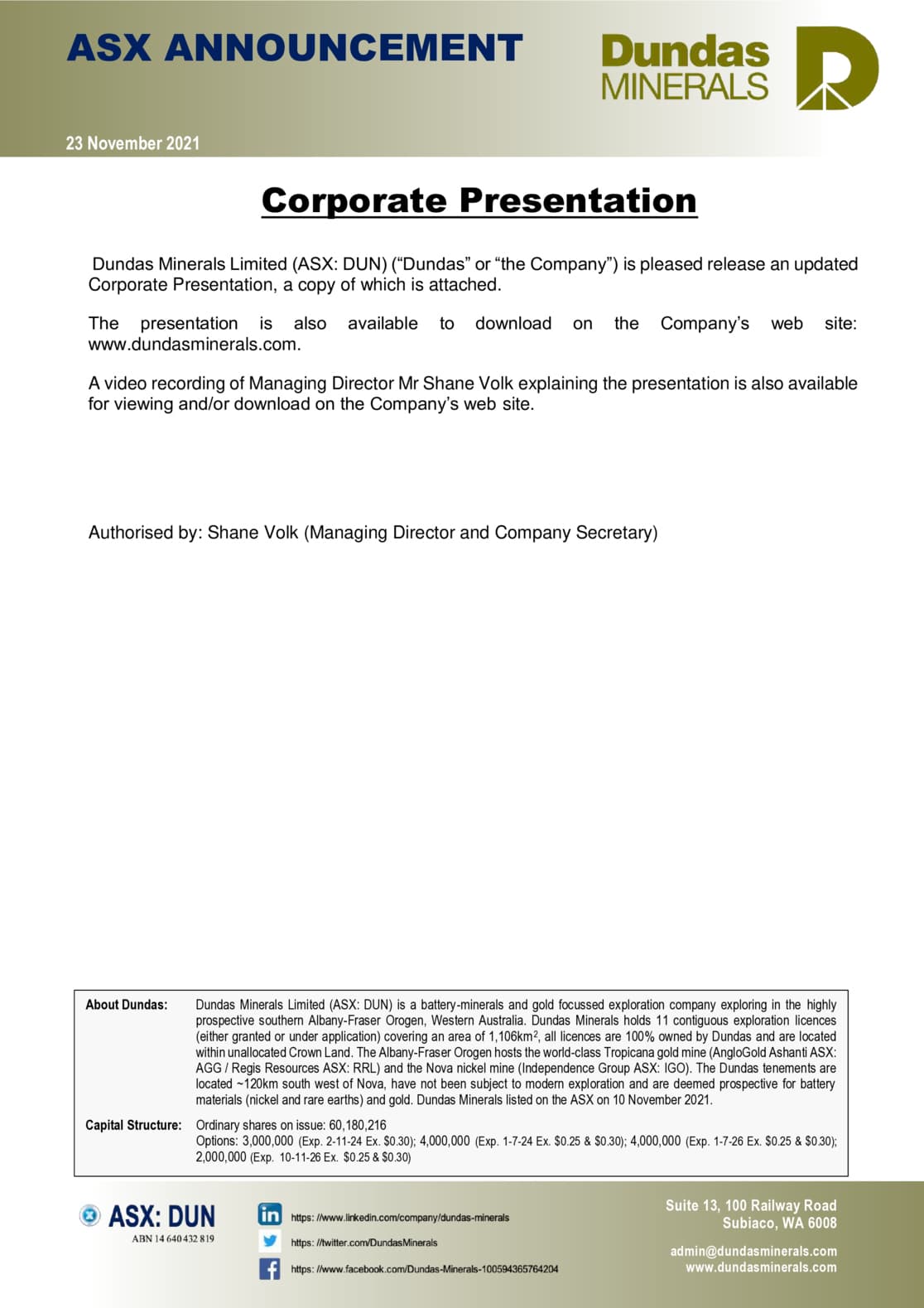 Dundas Minerals - Corporate Presentation