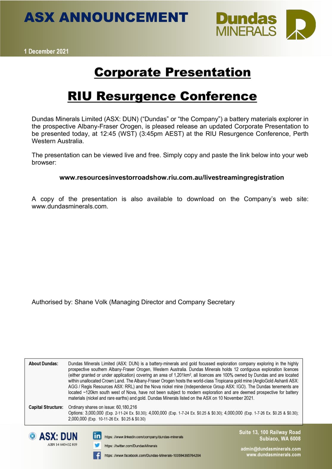 Corporate Presentation - RIU Resurgence Conference Perth