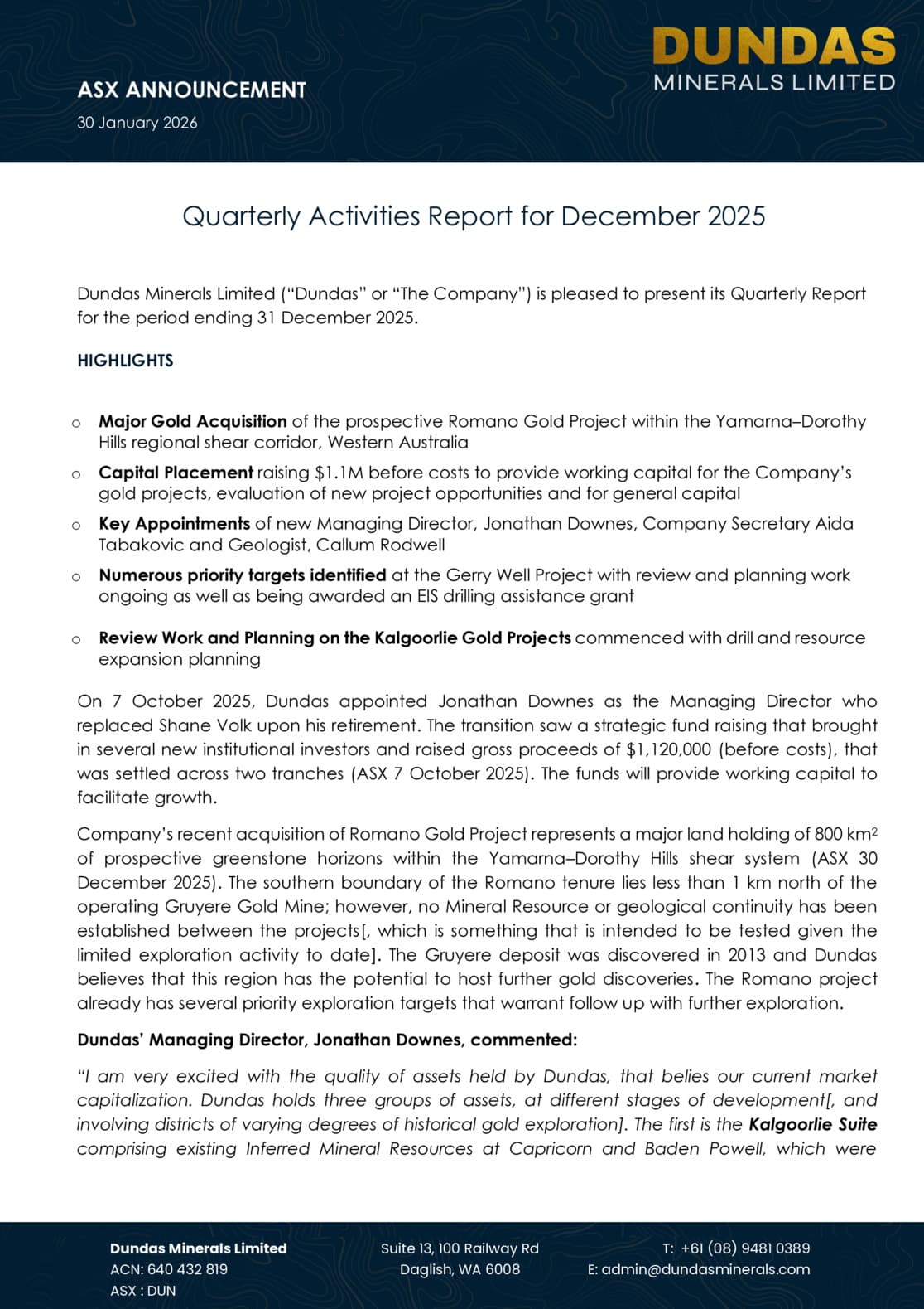 Quarterly Activities and Cashflow Report - December 2025